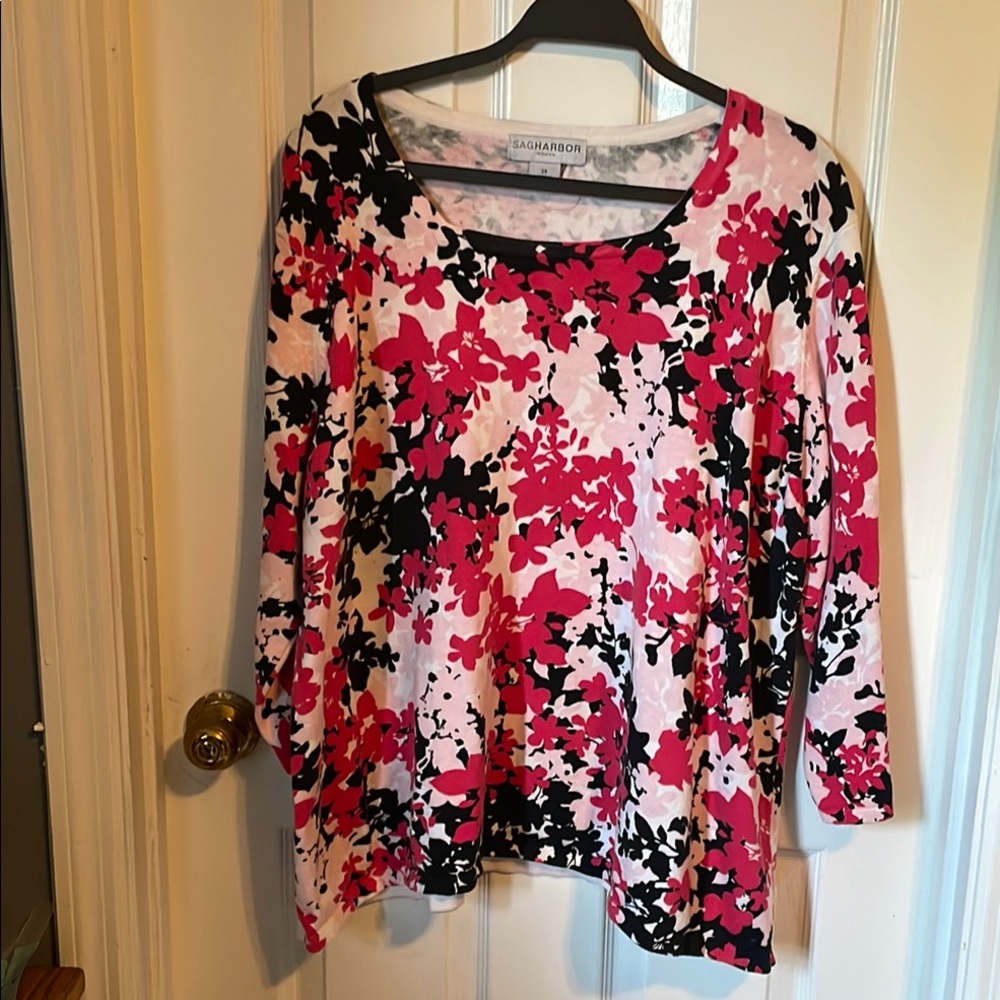 Sag Harbor Pink Black Floral 3/4 Sleeve Blouse